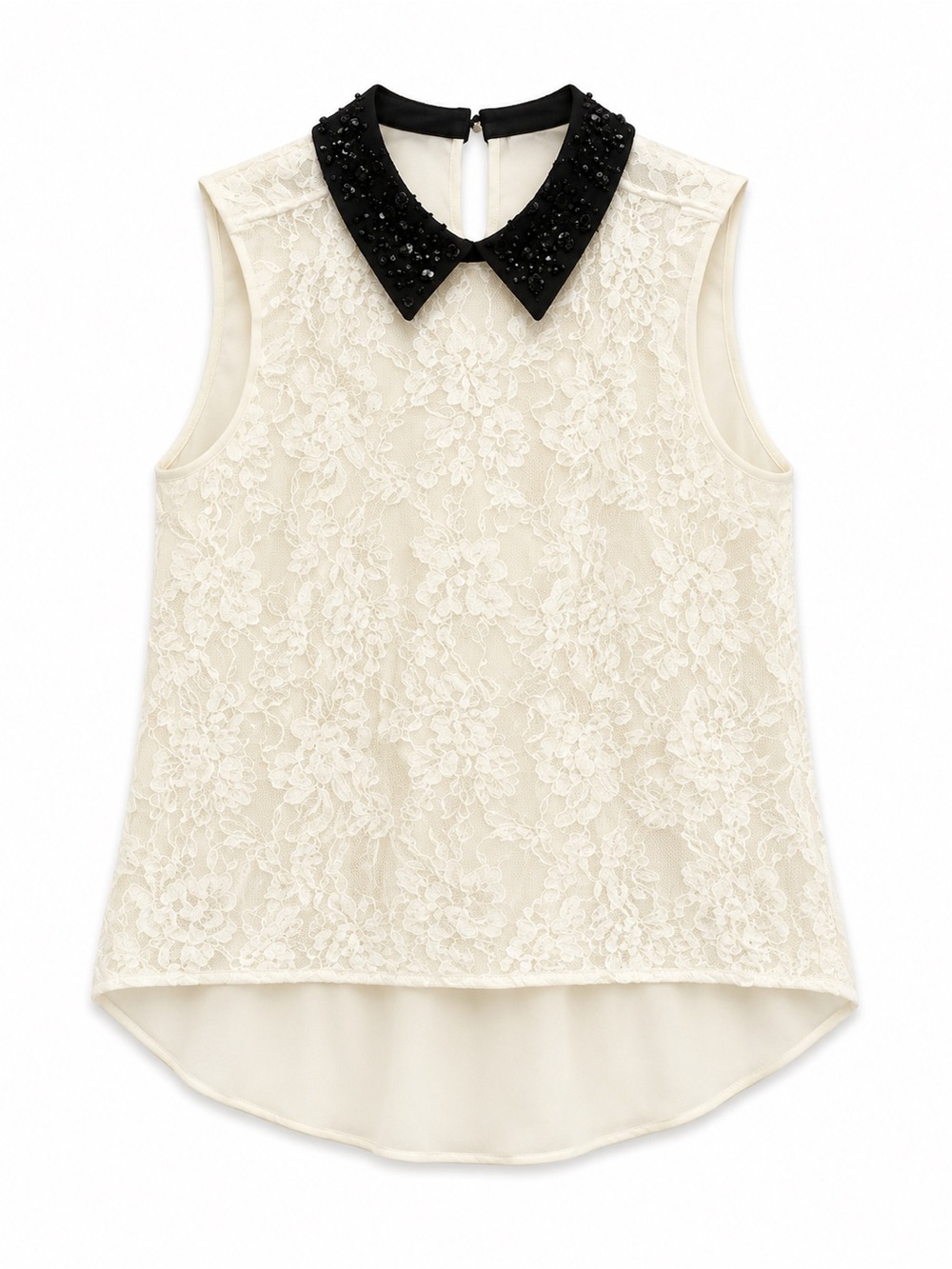 Badgley Mischka Cream Lace Sleeveless Top with Black Beaded Collar
